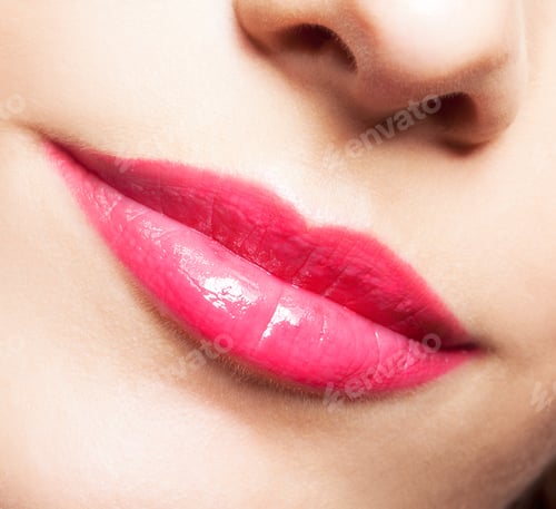 Preview: Close-Up Shot Of Smiling Female Mouth With Red Lips Make-Up