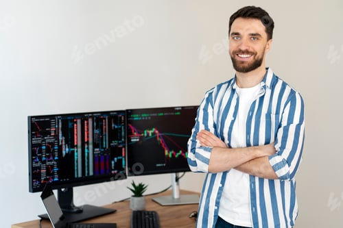 Preview: Crypto trader holding arms crossed standing in office, monitors with crypto chart on background