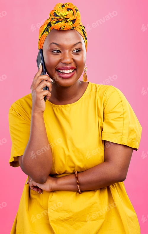 Preview: Black woman, phone call and communication in studio, happy with smile and smartphone with chat on p