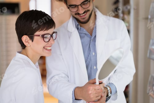 Preview: Beautiful woman with optician trying eyeglasses