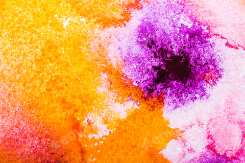 Preview: top view of orange, yellow and pink watercolor spills on white background