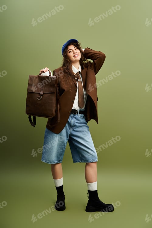 Preview: Young woman flaunts trendy fashion and a playful smile against a green backdrop
