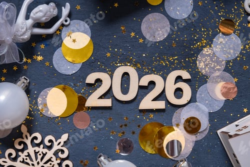 Visualização: Celebration of new year 2026 with colorful decorations and festive accessories on a table