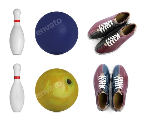 Preview: Bowling shoes, pins and balls isolated on white, set