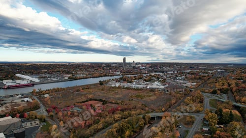 Preview: Aerial view of Albany, New York, with the cityscape with vibrant autumn foliage