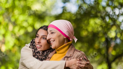 Preview: Cancer survivor mother and daughter embracing outdoors