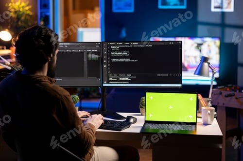 Preview: Programmer building firewalls protecting data using chroma key notebook