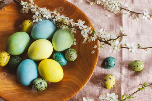 Preview: Happy Easter! Stylish natural dyed easter eggs on wooden plate with spring flowers