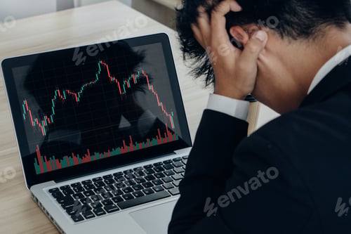 Preview: Stressed business man.Crypto trader broker.Trading decreasing chart data fall down loss.