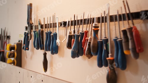 Preview: Chisels, screwdrivers, wrench and pliers on wall in furniture assembly shop