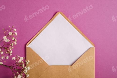 Preview: Kraft brown paper envelope with white empty card, gypsophila flowers, pink background
