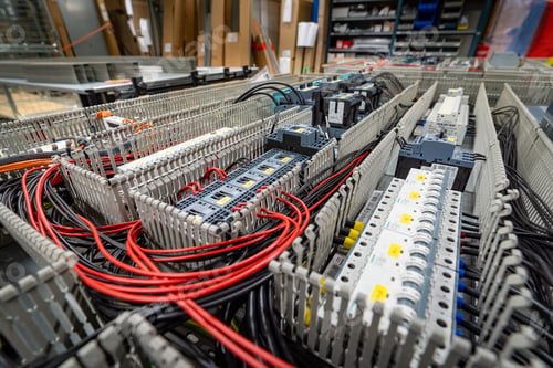 Preview: Close-up shot of a variety of electrical cables, cords, and wires inside an electronic cabinet