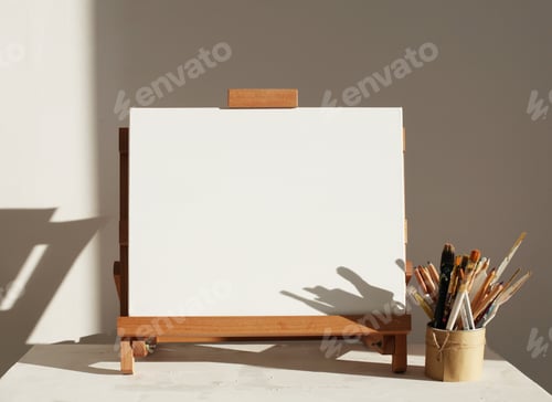 Preview: Empty copy space canwas on wood easel and paintbrush in artistic workshop interior.