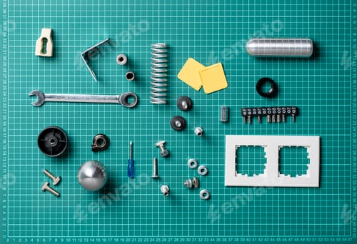 Preview: a new car spare parts, automobile details flat lay