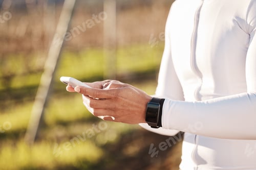 Preview: Fitness app and nature, hands of man and phone at in countryside looking at gps direction or map in