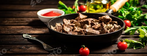 Preview: A frying pan with cooked liver on the table.