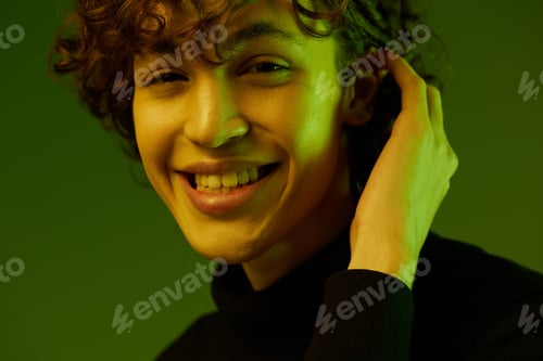 Preview: Man wearing glasses fashion and style smile model with curly hair, hipster teen lifestyle, portrait