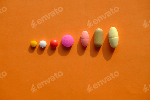 Preview: A variety of Colorful Pills and Tablets Tastefully Arranged on Bright Orange Background