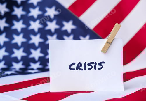 Preview: The National Flag of USA. American Flag and paper note message text CRISIS. global hunger, inflation