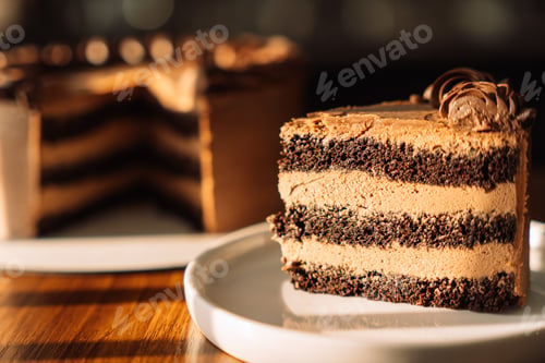 Preview: Cut puff chocolate piece from a cake on a white plate