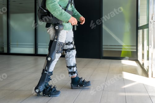 Preview: Mechanical exoskeleton, disabled person walking with the help of robotic skeleton, physiotherapy