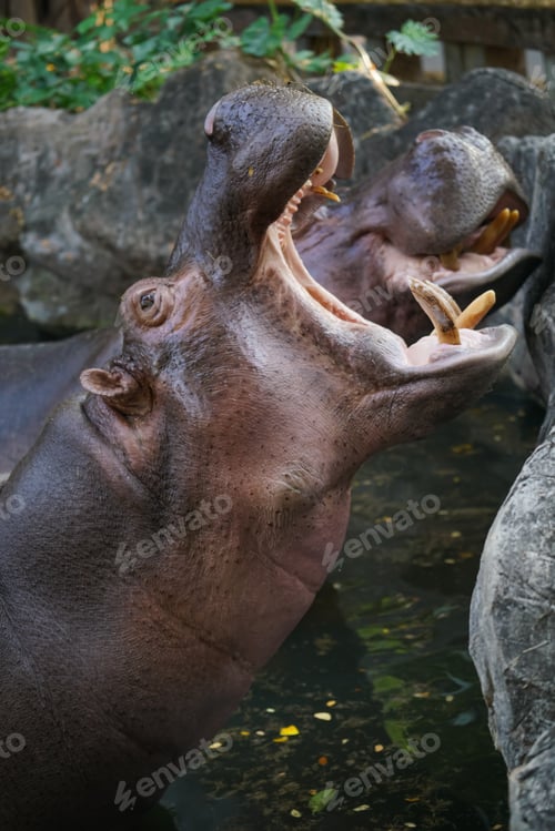 Preview: hippopotamus with a wide open mouth displaying dominance