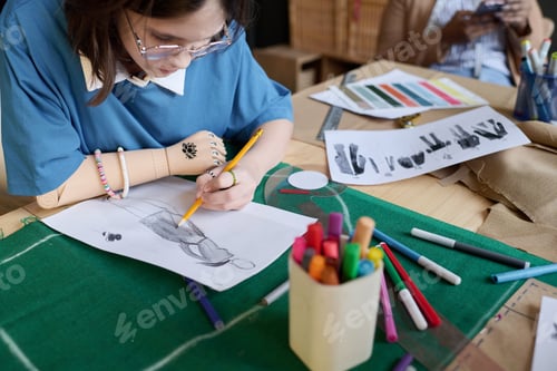 Preview: Girl with prosthetic hand drawing clothing sketches