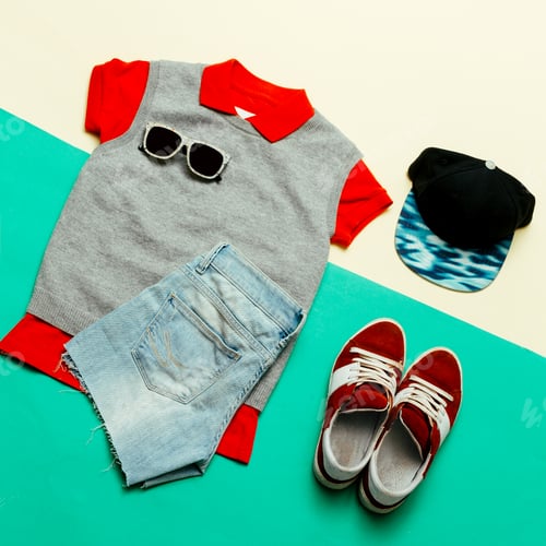 Preview: Stylish clothes. Skateboard fashion. Focus on red. Caps, Sneaker