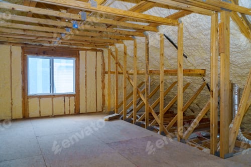 Preview: Attic with for thermal insulation frame house in process of in unfinished under construction