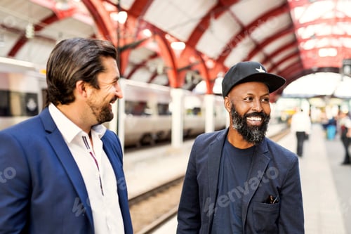 Preview: Two men sharing a conversation at a train station.