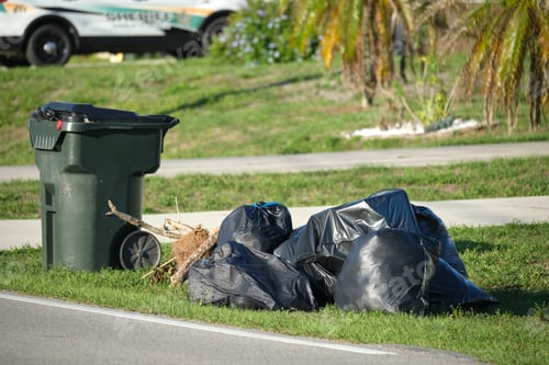 Preview: Pile of black garbage bags and plastic dustbin outdoors on rural street side