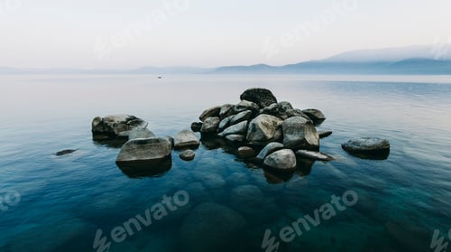 Preview: A pile of stones rising above the water level in a lake in a misty landscape.