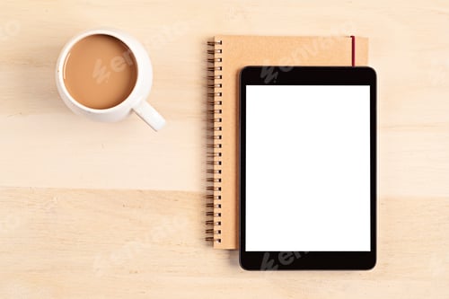 Preview: Styled minimal desktop mockup with organic color stationary, coffee cup, notepad