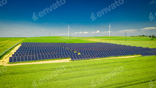 Preview: Amazing solar panels on green field, Poland from above