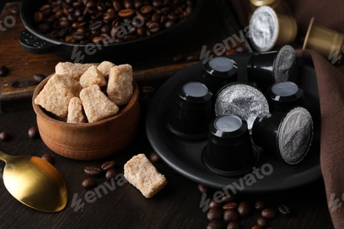 Preview: Coffee capsules, coffee beans and cane sugar in bowl on wooden background