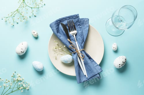 Preview: Easter table setting on blue.