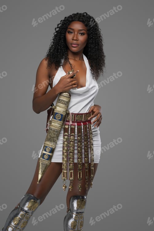 Preview: Dark-skinnedn model in Greek-style tunic with ornate belt