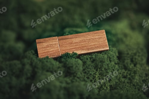 Preview: Mockup od wooden pendrive on the moss