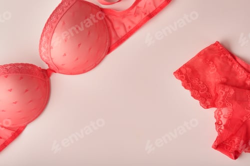 Preview: Red sexy bra and panties on pink background. Women sexy underwear set with roses and perfume. Gift I