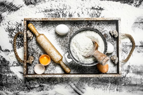 Preview: Dough backround. Flour with eggs and rolling pin.
