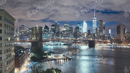 Preview: New York City seen from Brooklyn Dumbo at night, USA.