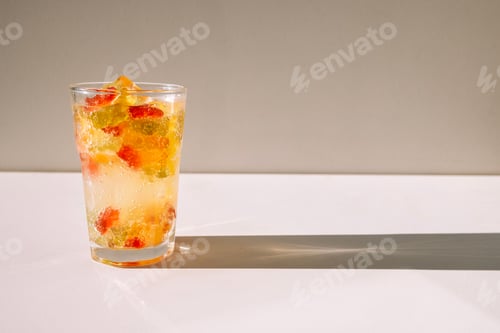 Preview: Close-up of a glass of mineral water with delicious marmalade bears
