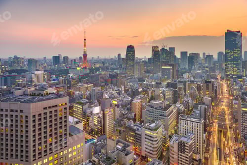 Preview: Tokyo, Japan cityscape and tower after sunset.
