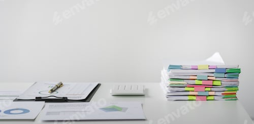 Preview: Office desk, stack of papers on office desk