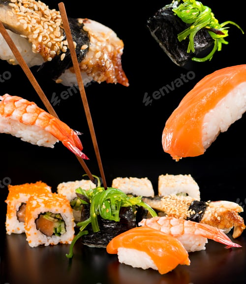 Assorted Fresh Sushi Nigiri and Maki Rolls Display
