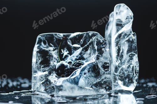 Preview: ripe cherry and blackberries with transparent melting ice crystals on black