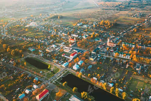 Preview: Ruzhany, Brest Region, Belarus. Cityscape Skyline In Autumn Sunny Evening. Bird's-eye View Of St