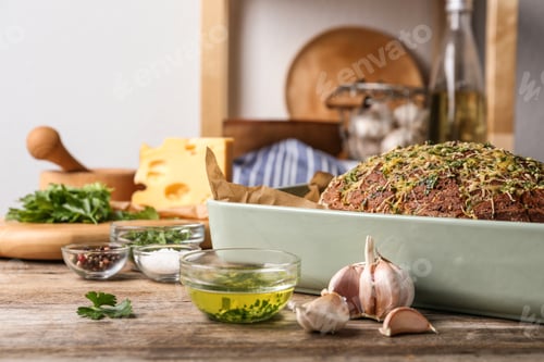 Preview: Tasty homemade garlic bread with cheese and herbs on wooden table in kitchen. Space for text