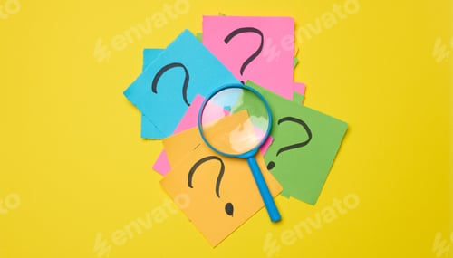 Preview: Drawn question marks on stickers and a magnifying glass, yellow background.