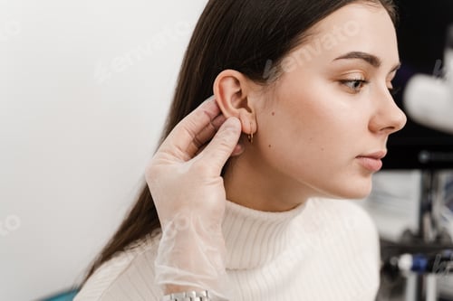 Preview: Otoplasty pinna and ear reshaping. Surgeon reviewing cosmetic procedure
